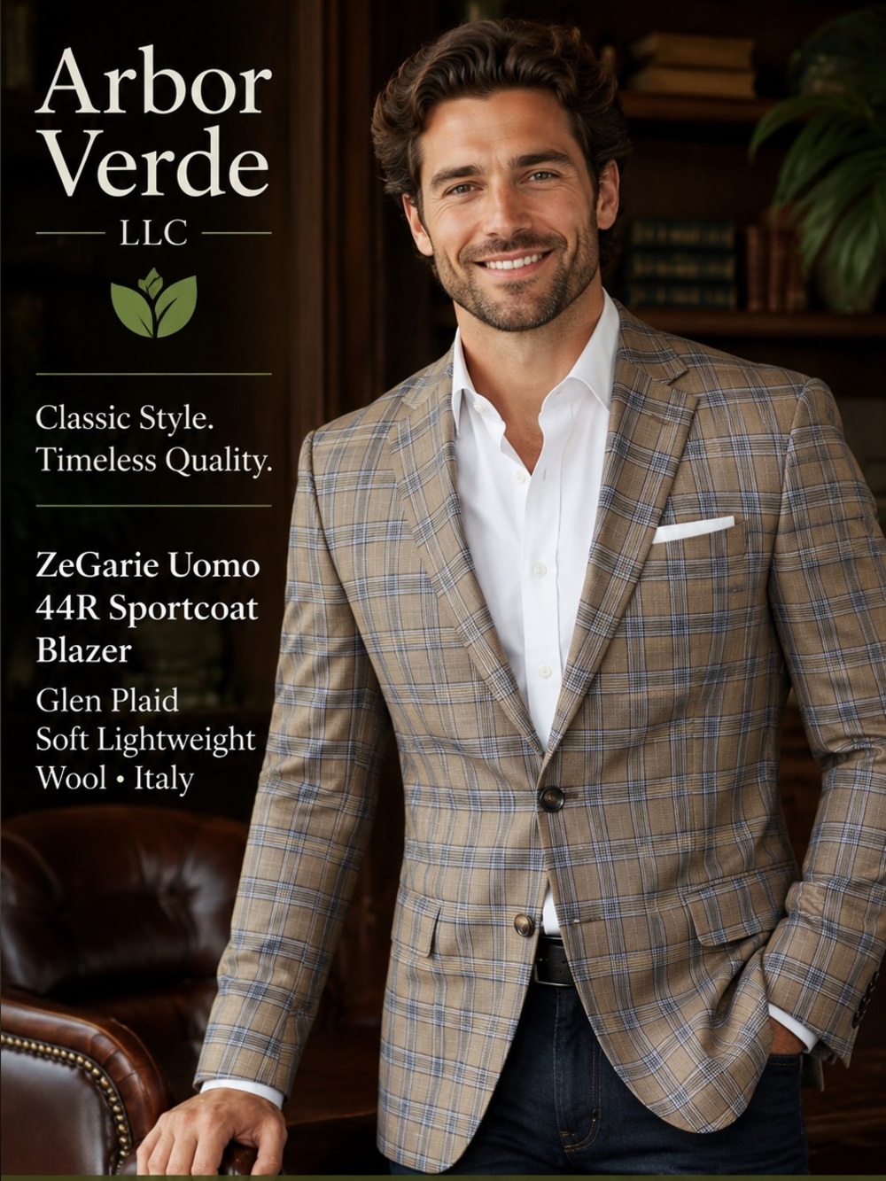 ZeGarie Uomo Men 44R Sportcoat Blazer Glen Plaid soft Lightweight Wool Italy